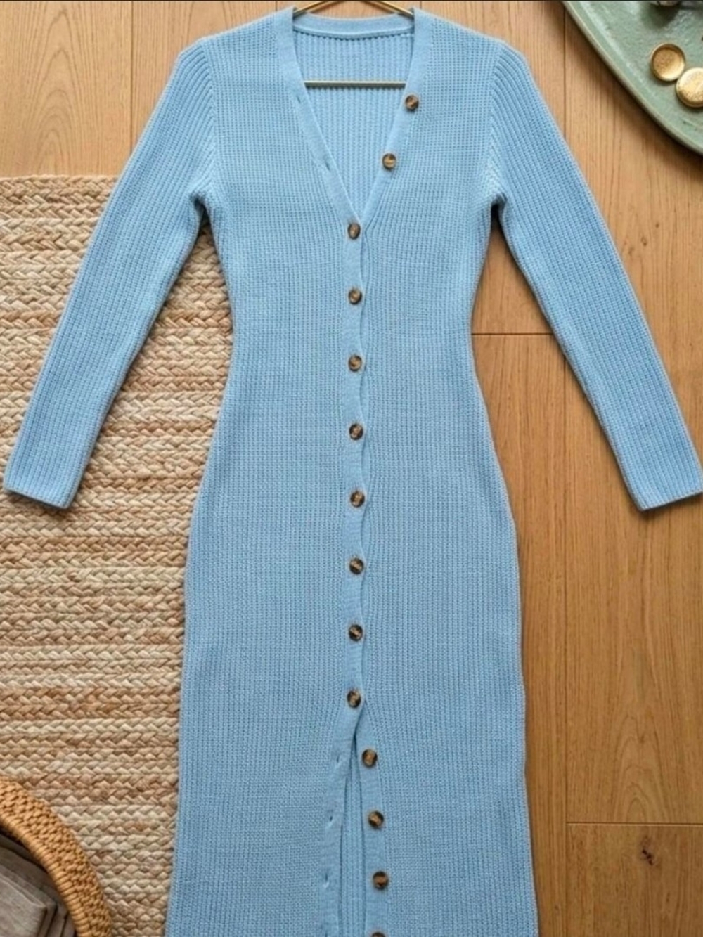 Sky Blue Long-Sleeve Button-Front Ribbed Knit Dress